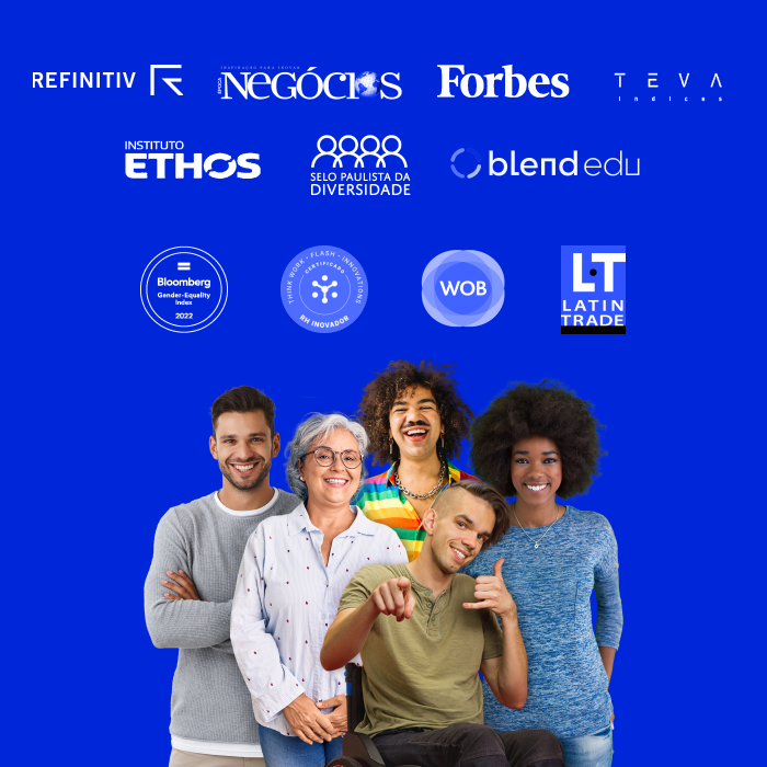 Cinco pessoas de grupos prioritários. Na imagem, logotipos de empresas que apoiam a diversidade.